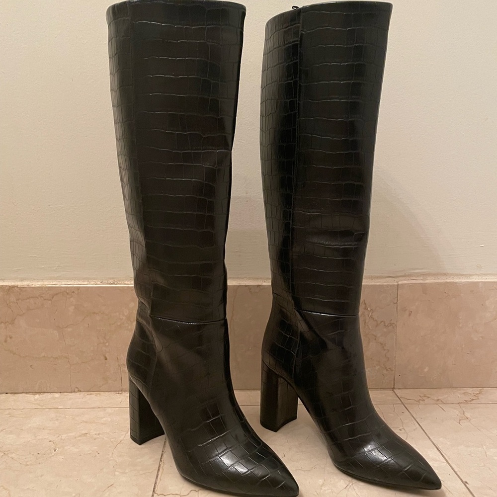 H&M Black Croc-Embossed Knee-High Boots